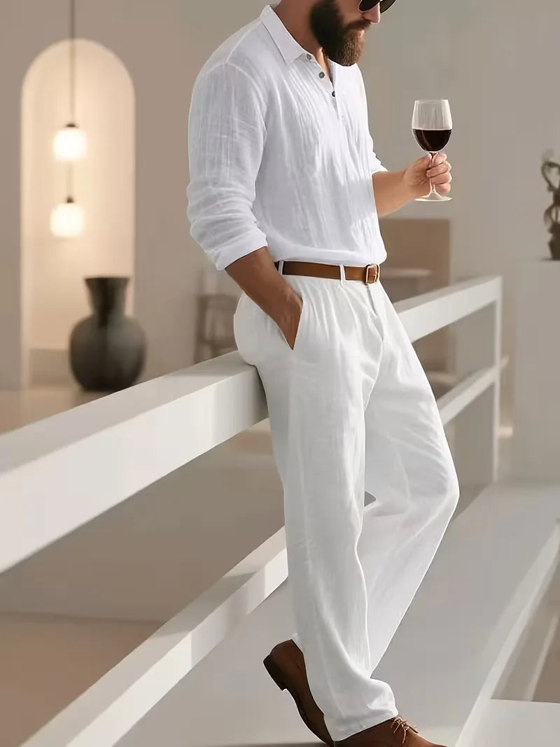 Linen suit with mandarin collar