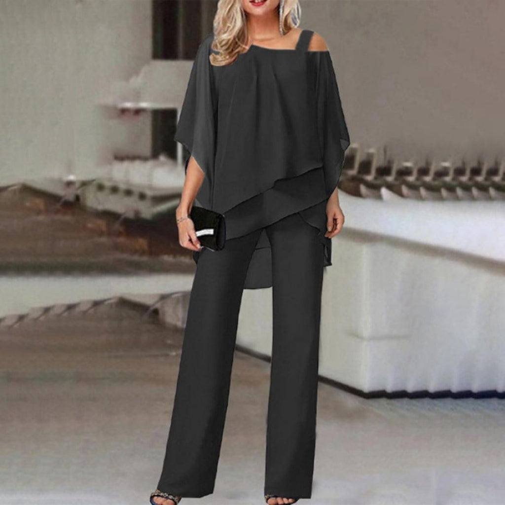Elegant Two-Piece Women's Suit Set with Batwing Sleeve Top and Straight Pants