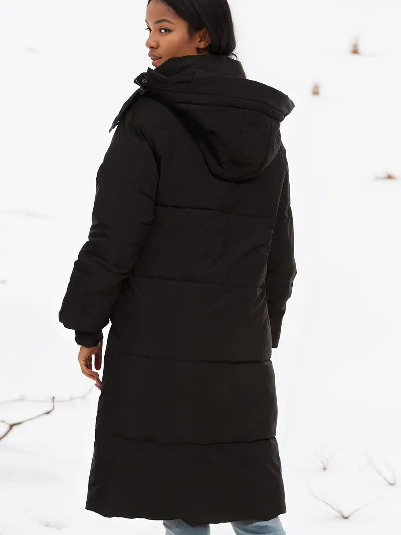 Ladies Long Puffer Jacket with Hood and Zip
