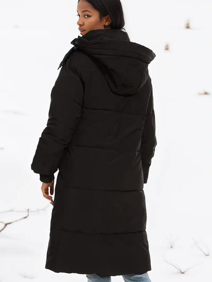 Ladies Long Puffer Jacket with Hood and Zip