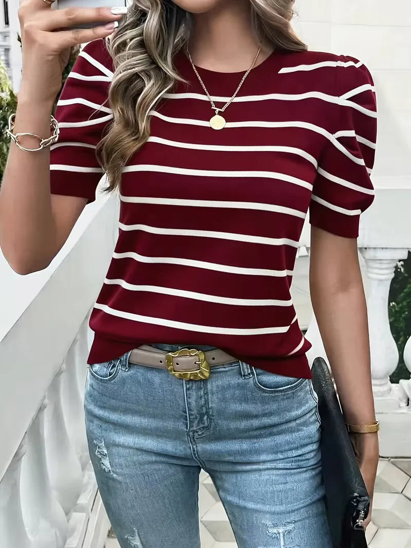 Ladies' T-shirt with Stripes and Puffed Sleeves