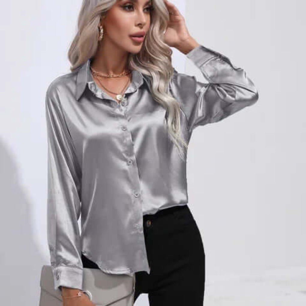 Ladies' Satin Blouse with Long Sleeves and Loose Fit