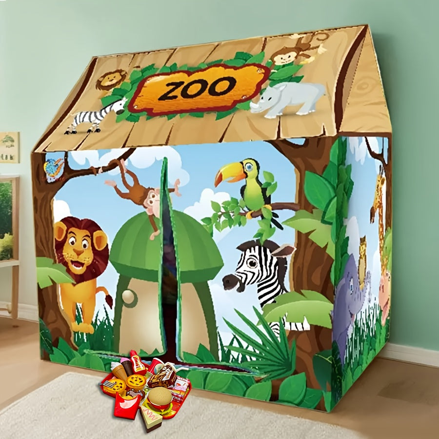 Safari Jungle Play Tent - Animal Themed Playhouse with Burger Set Toy