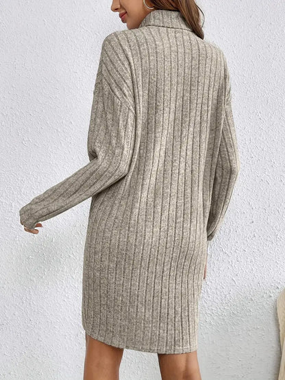 Trendy Ribbed Mini Sweater Dress for Women with Roll Neck and Long Sleeves