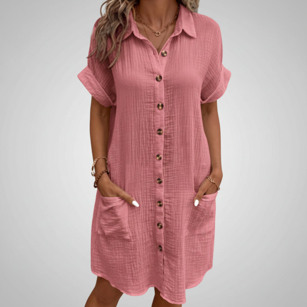 Vestito camicia a maniche corte tinta unita per donna