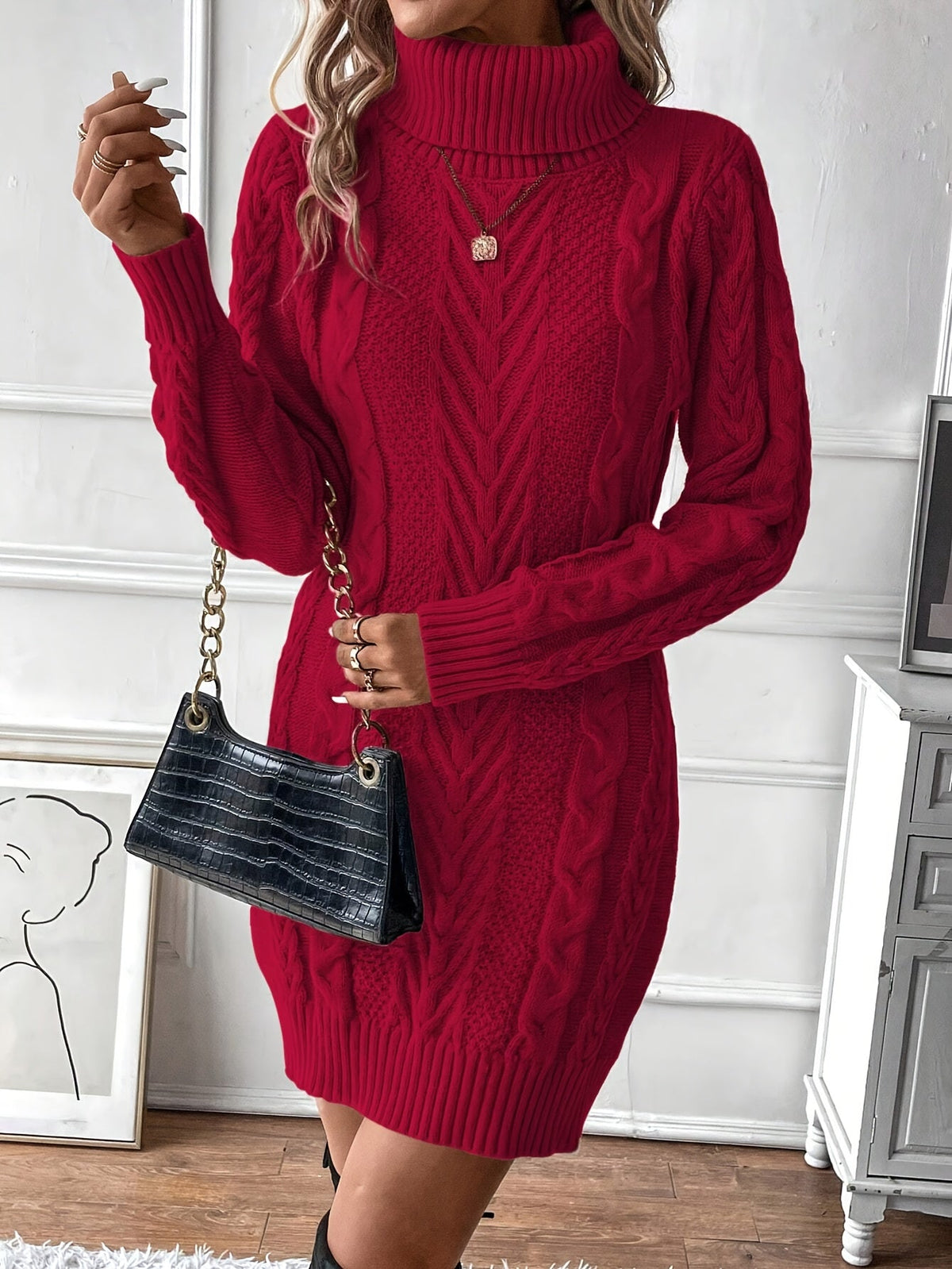 Chic Col Mini Sweater Dress for Women with Cable Pattern