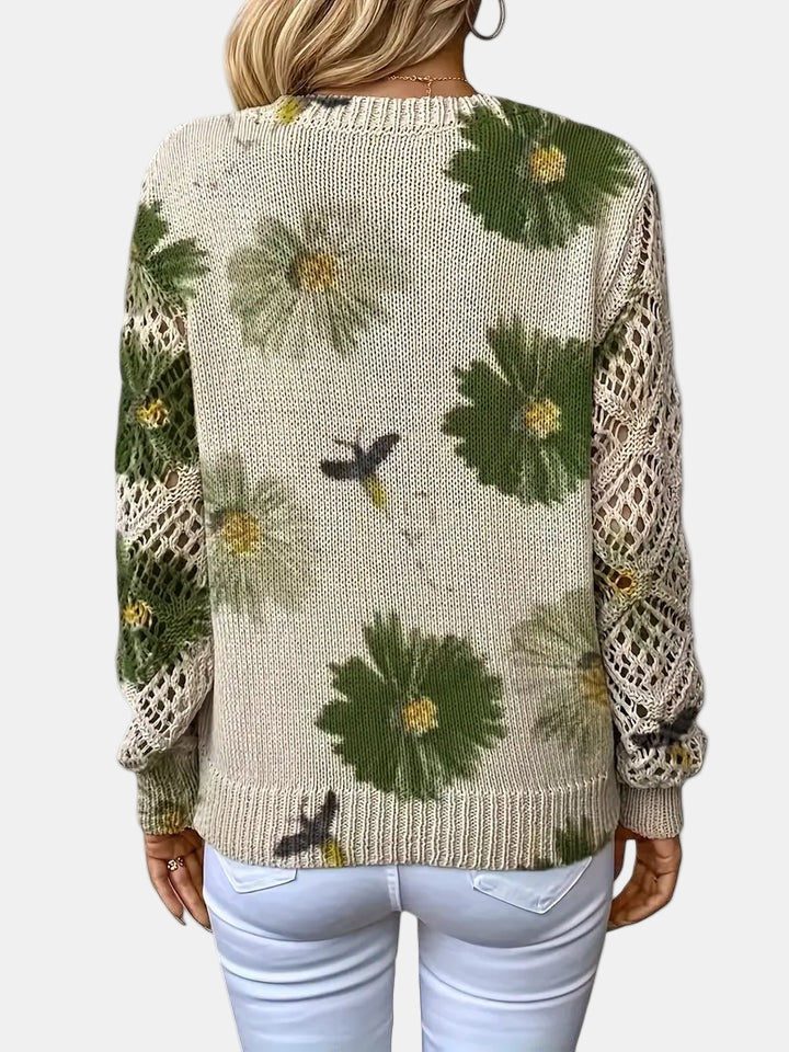 Ladies' Knitted Jumper with Floral Print and V-Neck