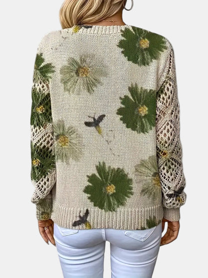 Ladies' Knitted Jumper with Floral Print and V-Neck