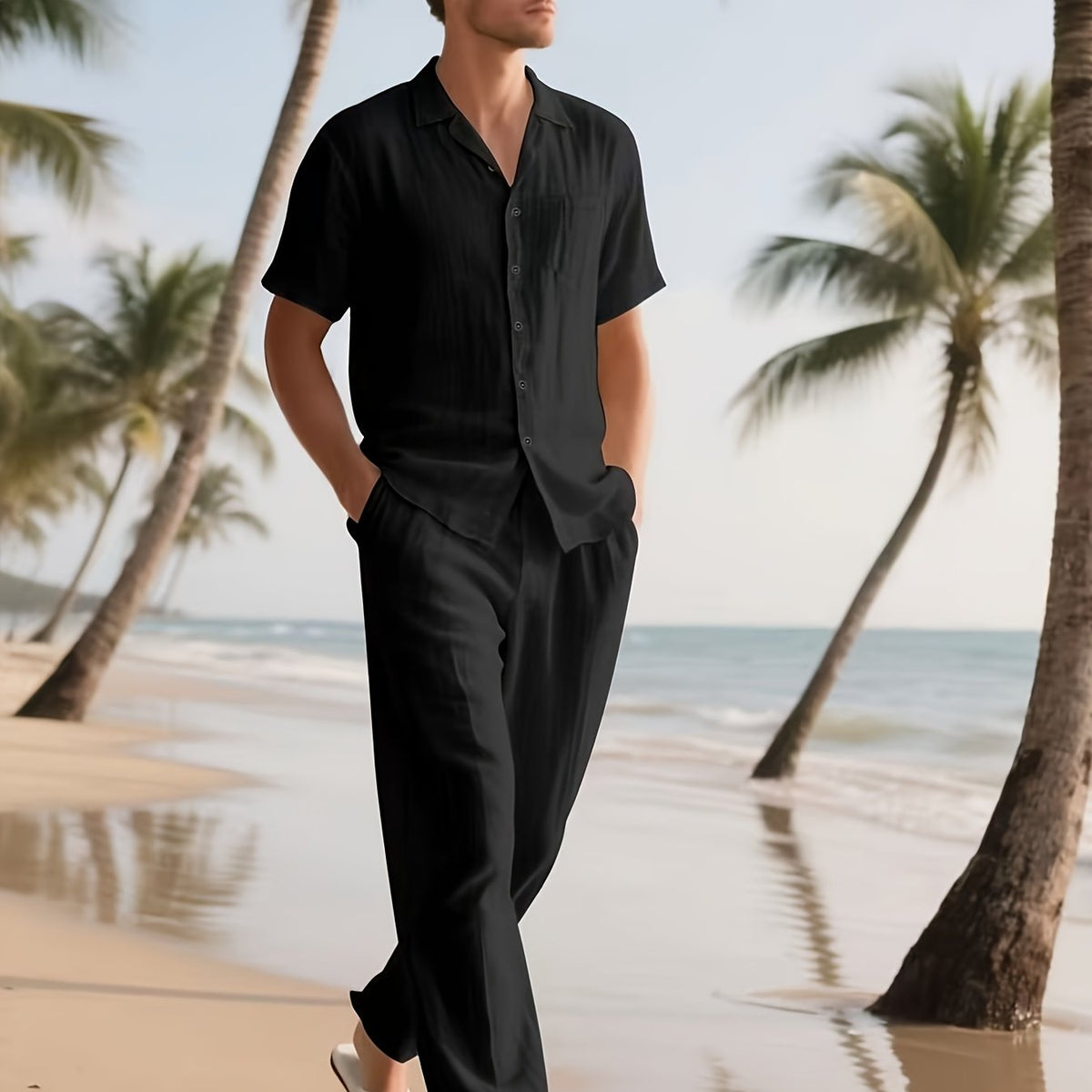 Completo casual da uomo in lino – Comodo e leggero, con pantaloni lunghi e maniche corte