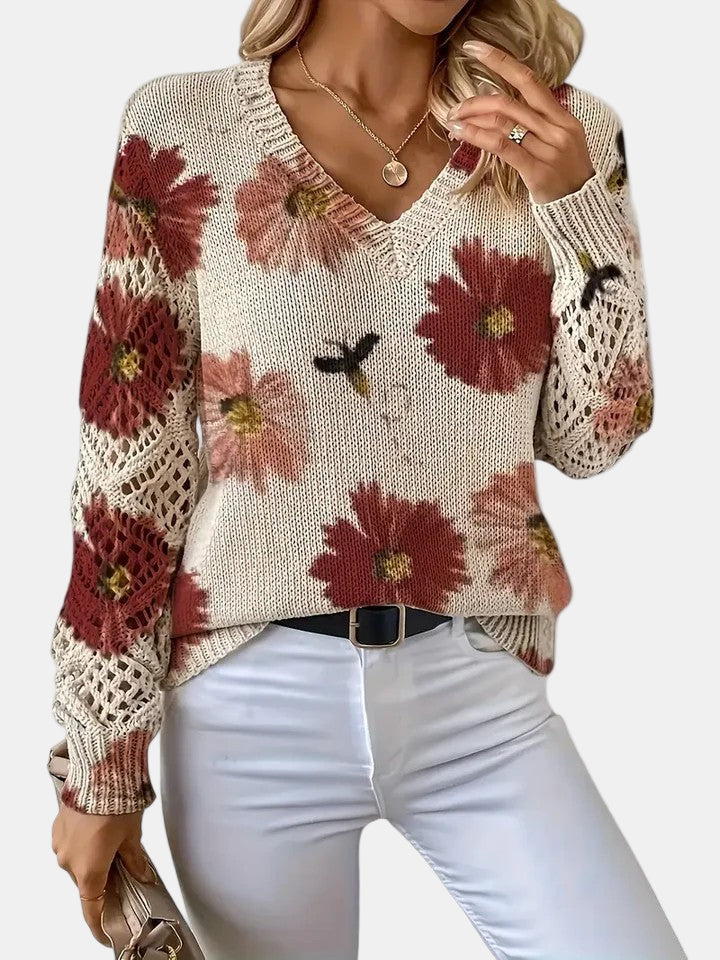 Ladies' Knitted Jumper with Floral Print and V-Neck