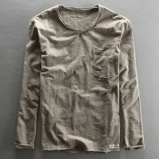 Camisola vintage de algodão de manga comprida com gola redonda para homem