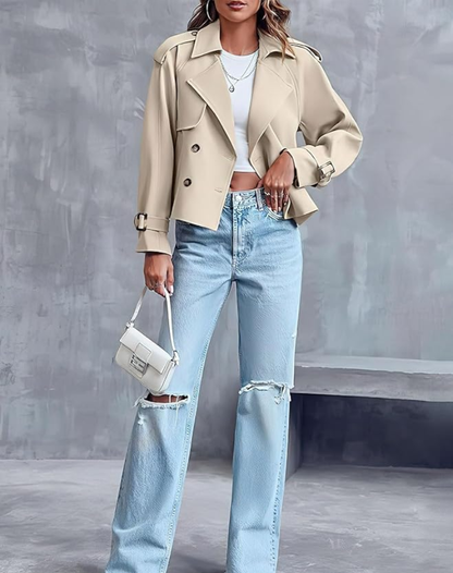 Beige Trench Coat for Women Short Classic with Belt and Button Closure