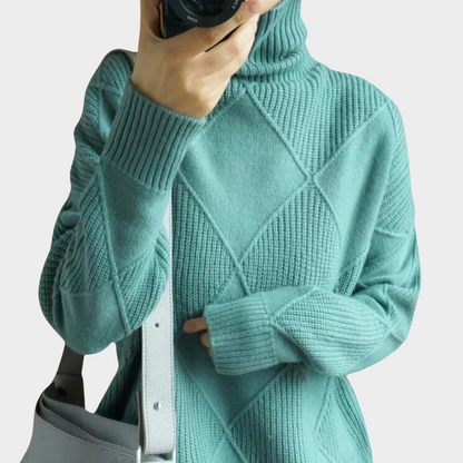 Ladies' Cosy Turtleneck Jumper with Check Pattern and Dropped Shoulders