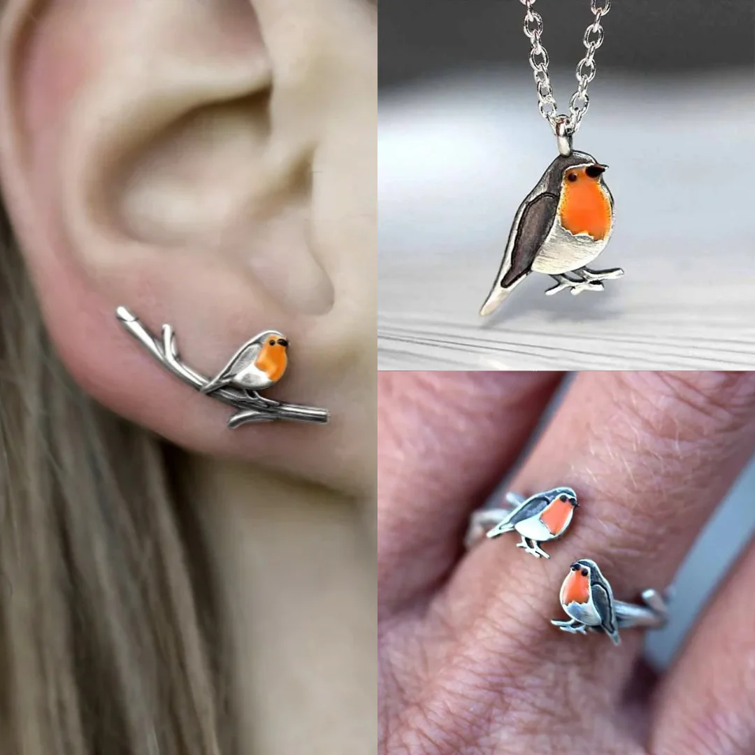 Oil-Coloured Bird Ring & Necklace Set