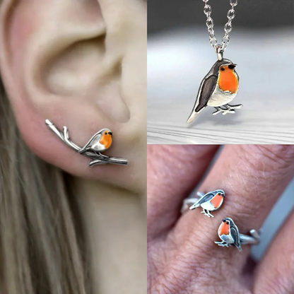 Oil-Coloured Bird Ring & Necklace Set