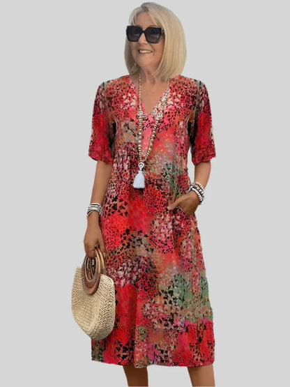 Vintage Print Dress with Lace and V-Neck