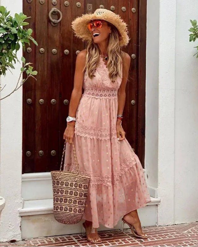 Long Maxi Dress with Print and V-Neck