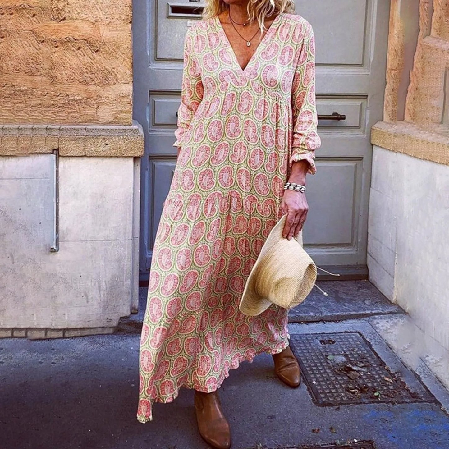 Liora – Maxi Summer Dress with Geometric Print and Boho Vibe