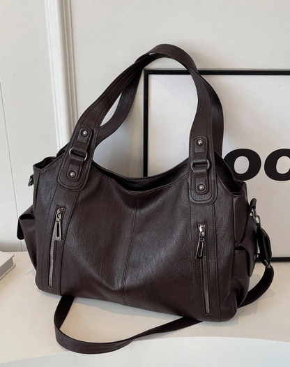 Ladies Shoulder Bag Leather with Zipper Pockets and Double Handles