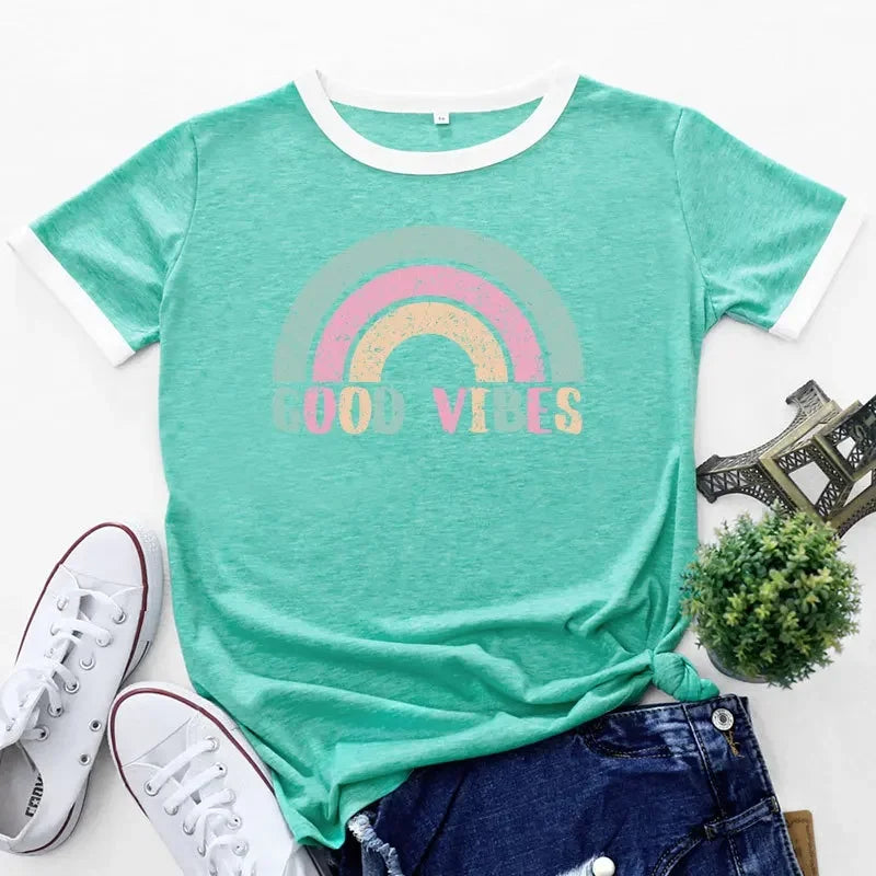 Valentina – Plus Size T-Shirt with Rainbow Patchwork and Short Sleeves
