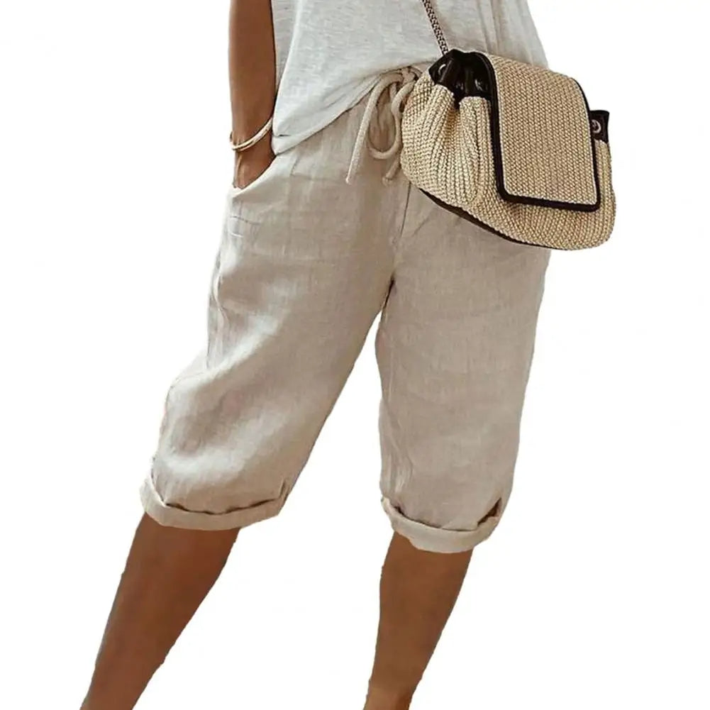 Vintage Knee-Length Trousers with Elastic Waist and Pockets