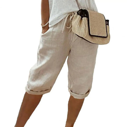 Vintage Knee-Length Trousers with Elastic Waist and Pockets
