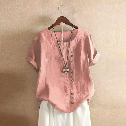 Blusa elegante de algodón para mujer con mangas cortas y detalles de botones