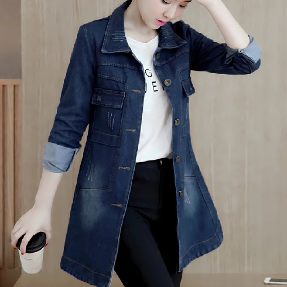 Long Denim Jacket for Women with Embroidery Details