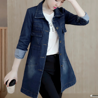 Long Denim Jacket for Women with Embroidery Details