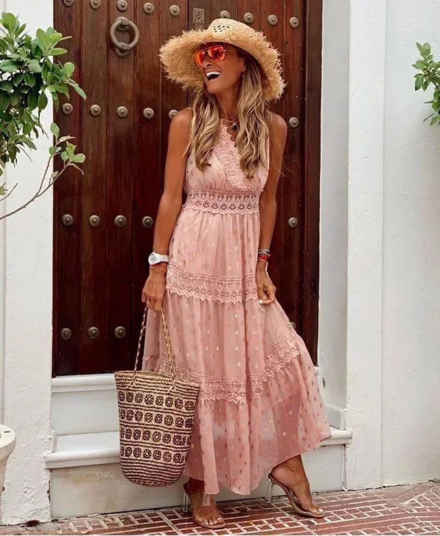 Isadora – Elegant Sleeveless Maxi Dress with Lace and High Waist