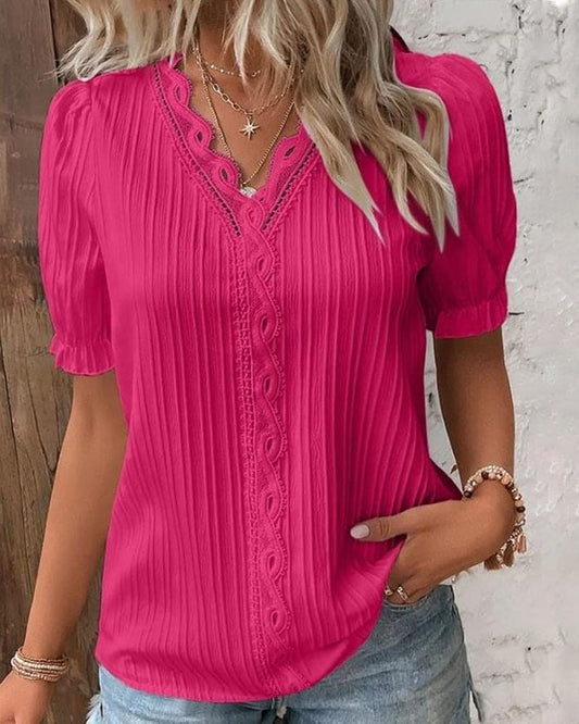 Elegant Lace Women's Blouse with V-Neck - Fleur