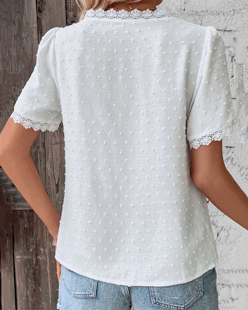 Lace Women's Blouse with Short Sleeves and V-Neck - Romy