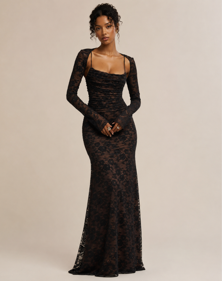 Maxi-avondjurk van kant voor dames met lange mouwen en elegant silhouet