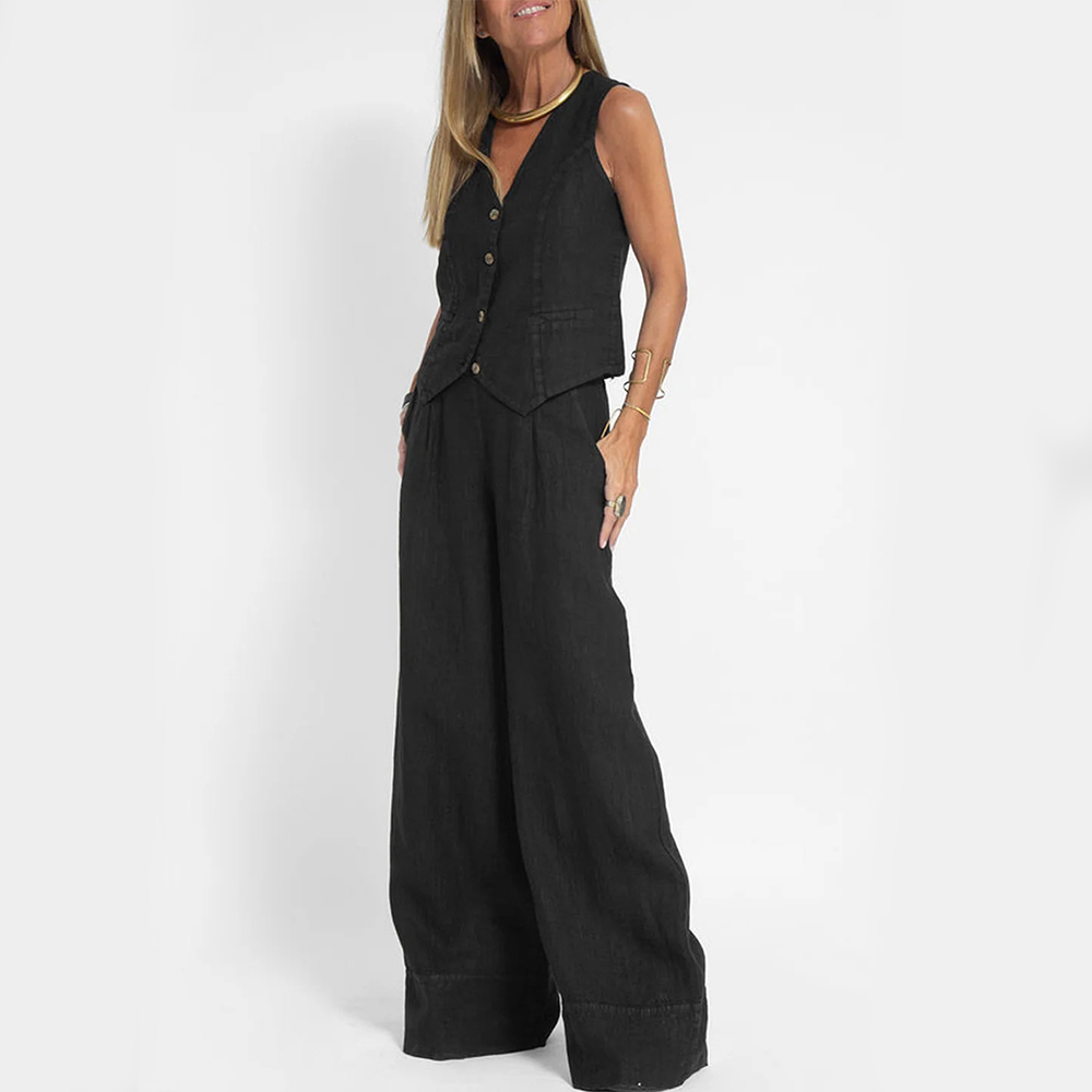 Summer Sleeveless V-Neck Waistcoat and Loose Straight Trousers