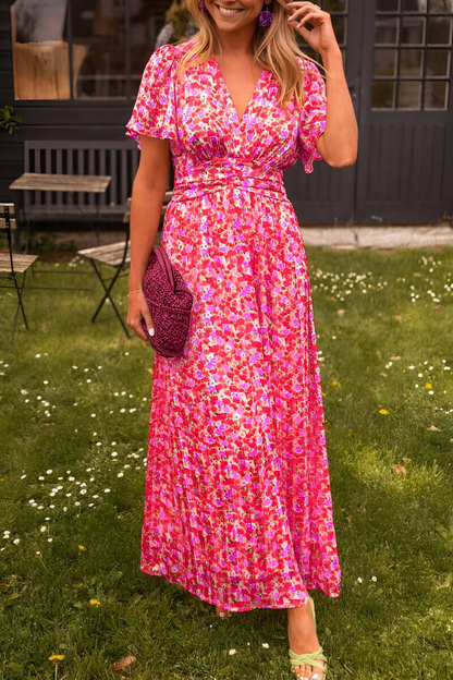 Abito lungo con scollo a V e stampa floreale, per un elegante look estivo