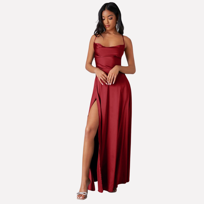 Maxi dress for women with an open back and high side slit.