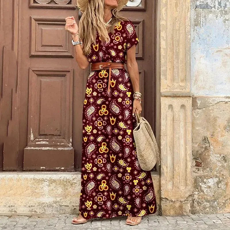 Summer Boho Dress with Floral Print and V-Neck