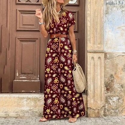 Summer Boho Dress with Floral Print and V-Neck