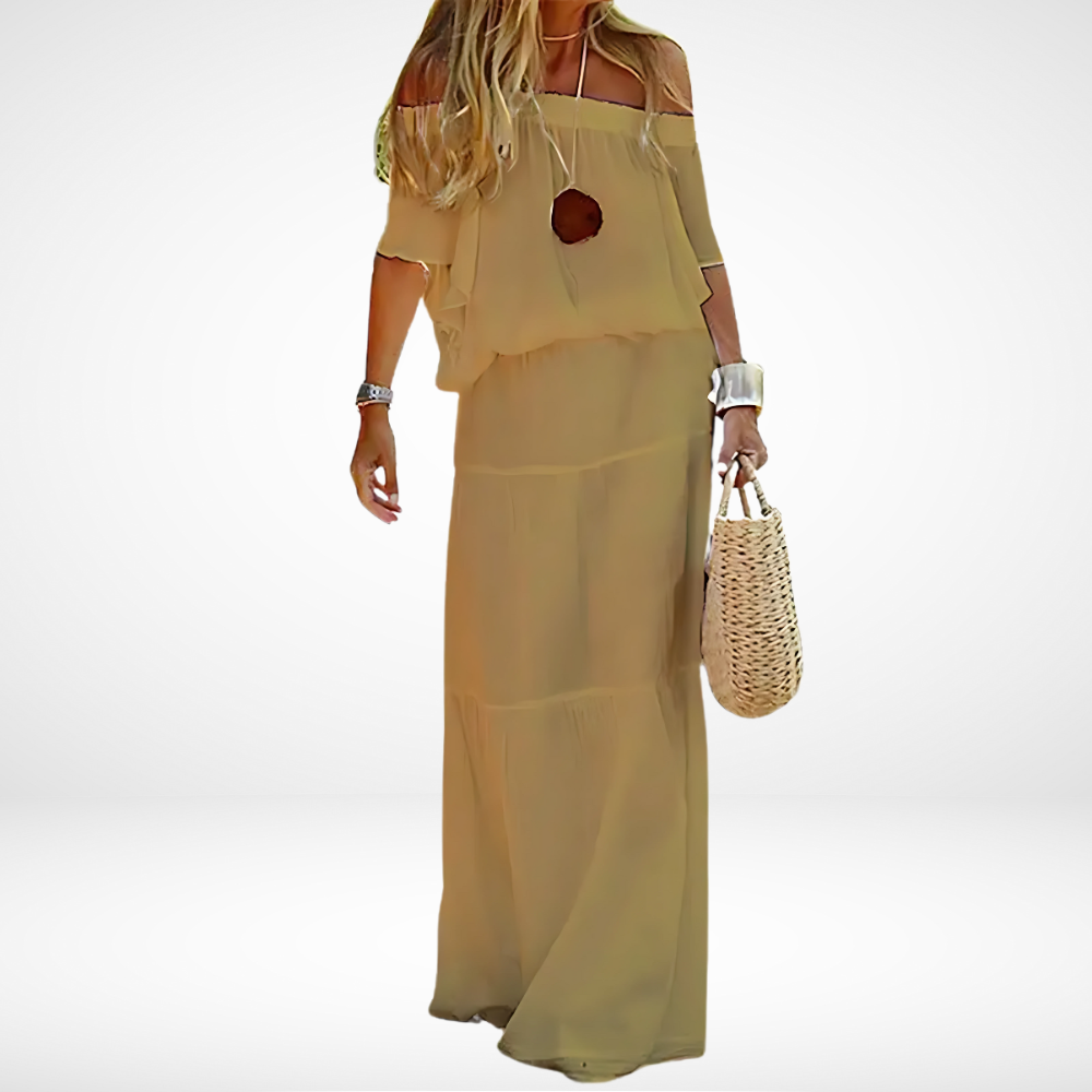 Elegantes weißes Maxikleid für den Strand mit schulterfreiem Design