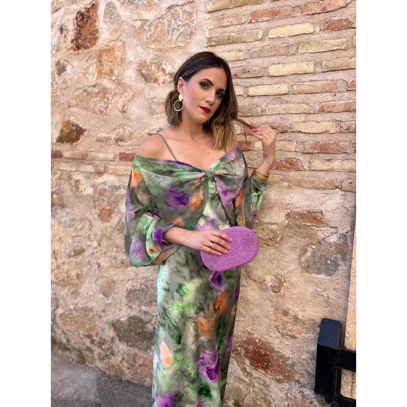 Μάξι φόρεμα παραλίας tie-dye με ανοιχτή πλάτη και μακριά μανίκια