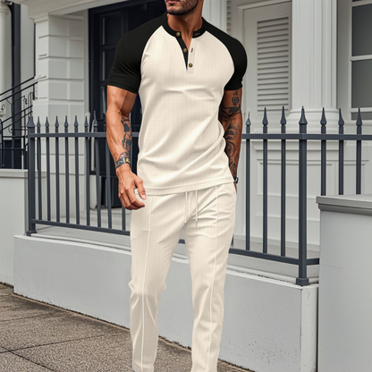 Men's Button-Up Shirt and Waffle Long Trouser Lounge Set