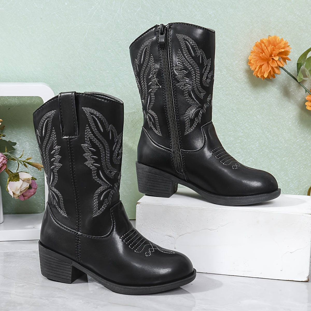 Girls' Vintage Embroidered Pattern Zip Lightweight Anti-Slip Boots - Nikka