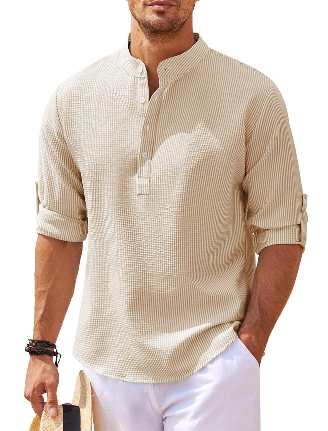Long Sleeve Shirt with Stand-up Collar and Solid Colour