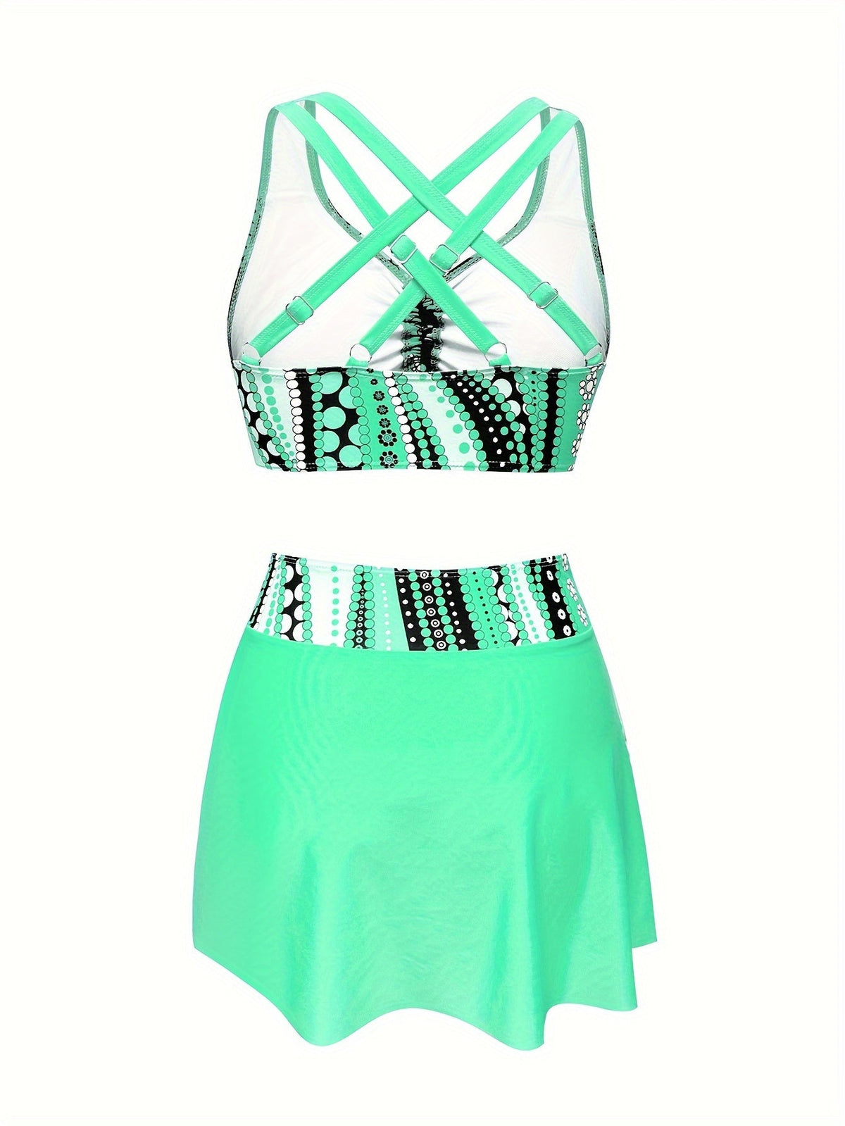 Set tankini de damă în trei piese, cu imprimeu cu buline și fustă