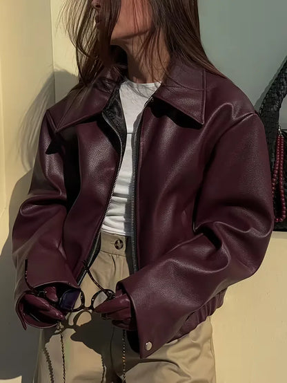 Leather jacket with wide collar