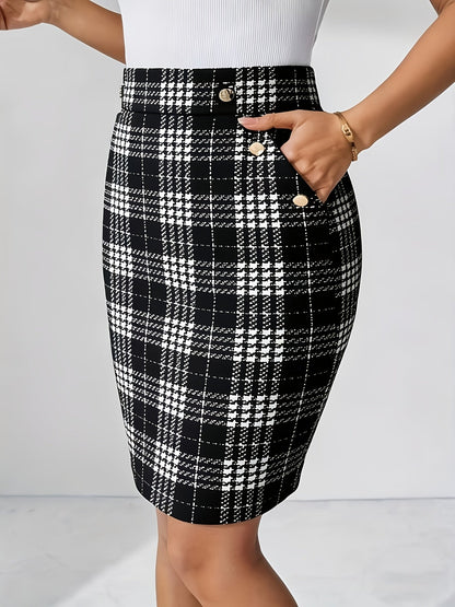 Chic Checked Pencil Skirt with Decorative Buttons and Pockets