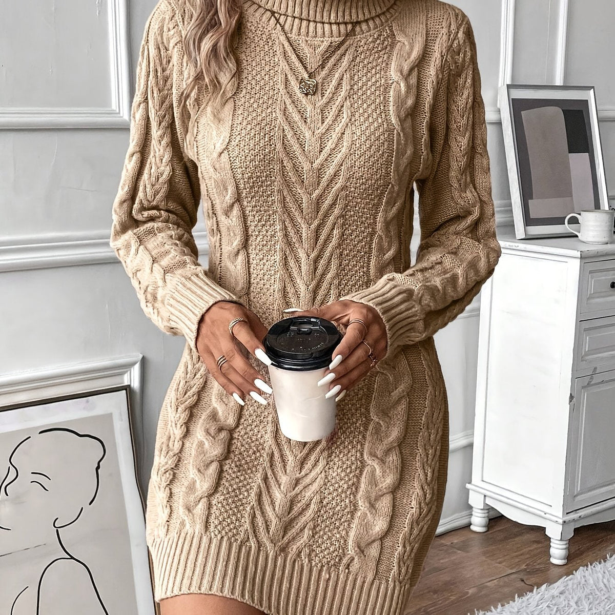 Chic Col Mini Sweater Dress for Women with Cable Pattern