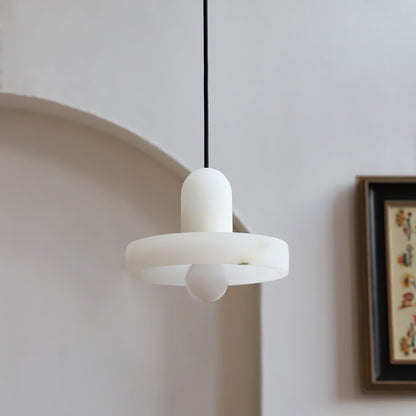 Modern White Alabaster Pendant Lamp with Marble Shade
