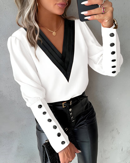 Elegant Ladies' Blouse with V-Neck Colour Block Top with Long Sleeves and Buttons