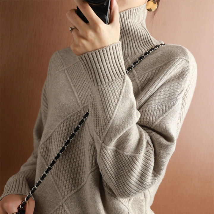 Autumn Knitted Roll Neck with Check Pattern Warm and Soft for Women